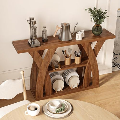 55 inch Farmhouse Entryway Table, Console Table with 3-Tier Storage, Rustic Striped Brown X-Shaped Narrow Entry Table for Behind Couch, Living Room, Hallway, Foyer