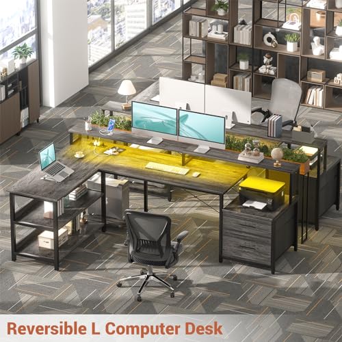 L Shaped Desk with Power Outlet, Reversible L Shaped Computer Desk with File Drawer & Monitor Stand, Gaming Desks with LED Strip, Home Office Desks with Storage Shelf, Grey Oak