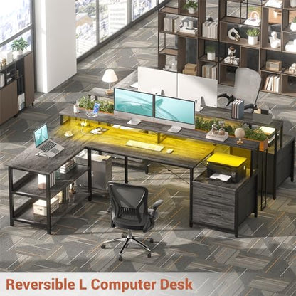 L Shaped Desk with Power Outlet, Reversible L Shaped Computer Desk with File Drawer & Monitor Stand, Gaming Desks with LED Strip, Home Office Desks with Storage Shelf, Grey Oak