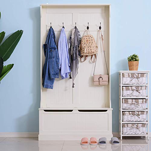 Hall Tree with Bench and Shoe Storage 3-in-1 Coat Rack Cream White, view 5