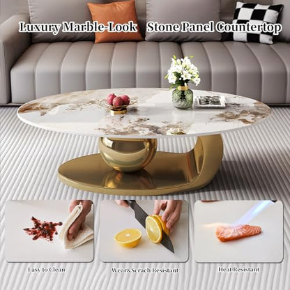 51.2'' Modern Coffee Tables for Living Room,Marble Oval Center Table with Luxury Metal Gold Base,Heat & Scratch Resistant,Easy Installation,Accent Furniture for Any Home Decor