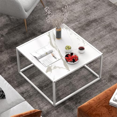 Square Coffee Table with Faux Marble Tabletop & Steel Frame, Center Cocktail Table, Accent Living Room Furniture, Low Bedside Table, Easy Assembly (White)