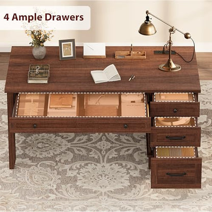 Executive Desk with Drawers, Farmhouse Home Office Desk with Charging Station, 53.54 in Wooden Computer Desk with File Cabinet Storage for Work Study Writing,Walunt Brown