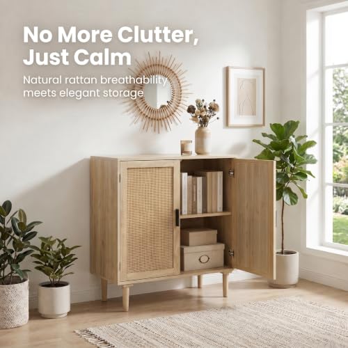 Sideboard Buffet Cabinet, Kitchen Storage Sideboard with Rattan Decorated Doors, Liquor Coffee Buffet, Dining Room, Hallway, Console Table, Accent Cabinet, 31.5X 15.8X 34.6 Inches, Natural