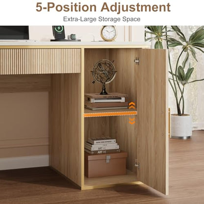 60" Fluted Writing Desk, Wooden Long Home Office Computer Desk with Drawer & Storage Cabinet, Modern Writing Table with Charging Station, High Executive Desk, Bedroom, Nature Oak, Set of 2