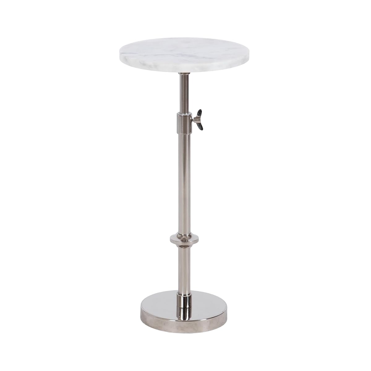 Engles Traditional Adjustable-Height Pedestal Drink Table; 10 x 10 x 30; White Marble and Silver Chrome; Vintage Round Indoor Metal Plant Stand with Authentic Marble Tabletop
