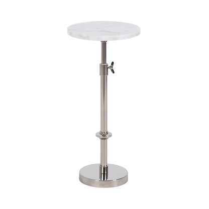 Engles Traditional Adjustable-Height Pedestal Drink Table; 10 x 10 x 30; White Marble and Silver Chrome; Vintage Round Indoor Metal Plant Stand with Authentic Marble Tabletop