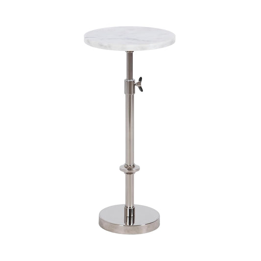 Engles Traditional Adjustable-Height Pedestal Drink Table; 10 x 10 x 30; White Marble and Silver Chrome; Vintage Round Indoor Metal Plant Stand with Authentic Marble Tabletop