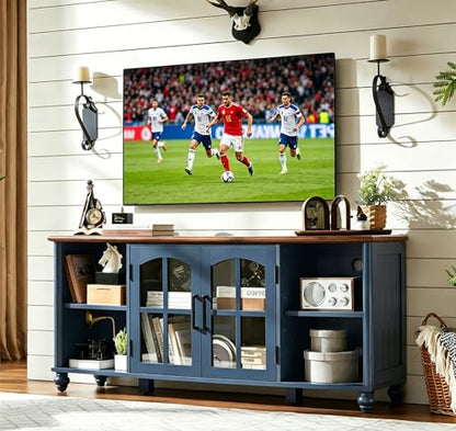 Farmhouse TV Stand for 60 Inch TV, Wood Entertainment Center with Adjustable Shelves & Glass Door Storage Cabinet,Television Stands for 65" TVS,TV Console Table for Living Room,Bedroom,Navy Blue