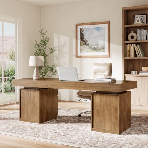 71-Inch Executive Desk, Wooden Office Desk with Storage, Oak Brown, view 5