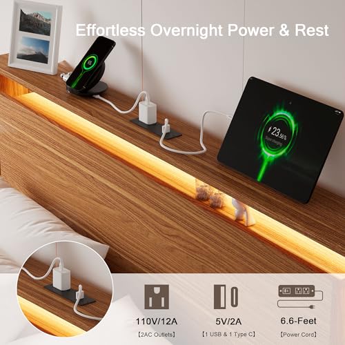Bed Frame Queen Size with LED Lights & Charging Station – Kids Wood Floating, view 5