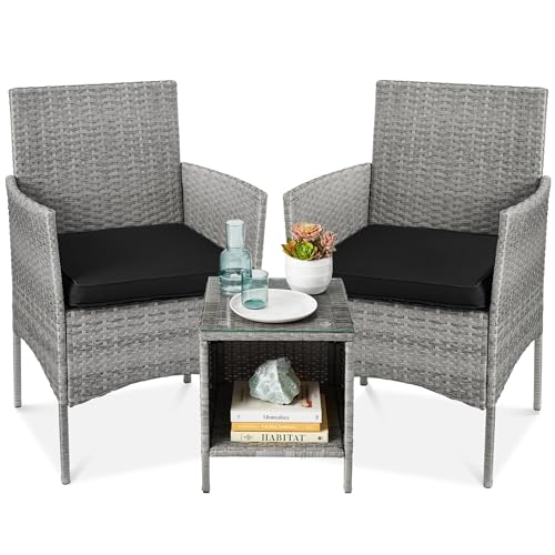 Best Choice Products 3-Piece Outdoor Wicker Conversation Bistro Set, Space Saving Patio Furniture for Garden w/Side Table - Gray/Black
