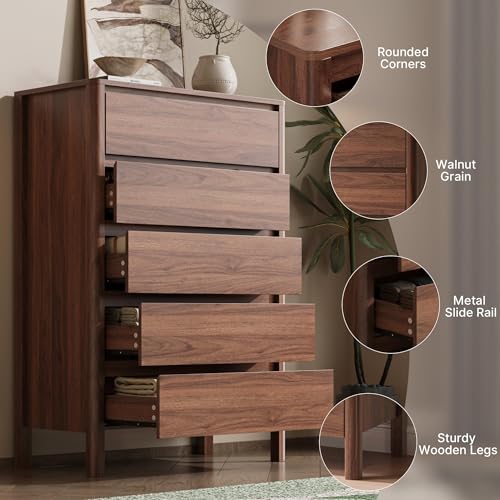 Walnut 5 Drawer Dresser for Bedroom, Modern Tall Dresser with Hidden Handles, view 5