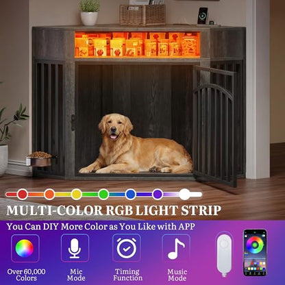 52" Corner Dog Crate Furniture with LED Light & Power Outlets, view 7
