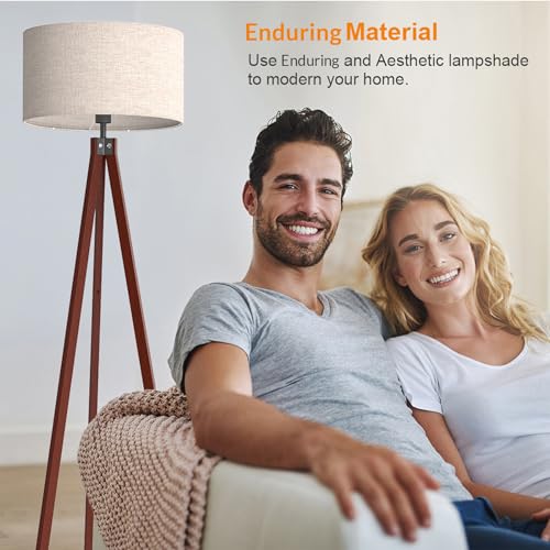 Wood Tripod Floor Lamp, Mid Century Standing Lamp, Modern Design Studying Light for Living Room, Bedroom, Study and Office, Flaxen Linen Shade with E26 Base Brown