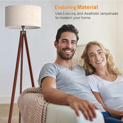 Wood Tripod Floor Lamp, Mid Century Standing Lamp, Modern Design Studying Light for Living Room, Bedroom, Study and Office, Flaxen Linen Shade with E26 Base Brown