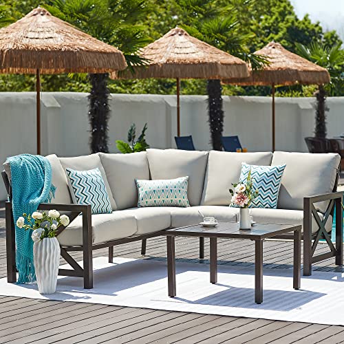 6 Pieces Patio Furniture Sets, Metal Outdoor Sectional Furniture L Shape Patio Conversation Sets,Highback Frame,Metal Table,Large Waterproof Cover, 6.5" Olefin Cushions