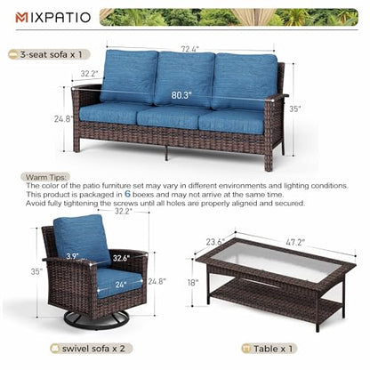 Patio Furniture Set with High Back Swivel Chairs, 4-Piece Outdoor Conversation Sets with 5.5-inch Thick Cushion, All-Weather Wicker Patio Sofa Set for Deck Yard Pool, Navy Blue