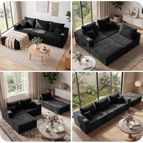 67'' L-Shaped Cloud Modular Sectional Sofa, Modern Corduroy Memory Foam Couch with Cup Holders, Upholstered Boneless Deep Seat Fluffy Loveseat with Ottoman, No Assembly Needed, for Home, Black