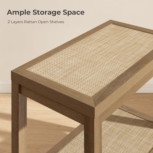 Rattan Nightstands Set of 2 Bedside Table - Boho Narrow End Table Living Room Set of 2 Side Table with Storage Shelves for Small Space - Natural Oak