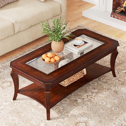 Traditional Wood Coffee Table with Glasstop, 47.2* 23.6* 17.9in | Rectangle Solid Wood Tea Table with Storage Shelf, 2-Tier Glass Center Tables in Cherry for Living Room, Large Cocktail Table