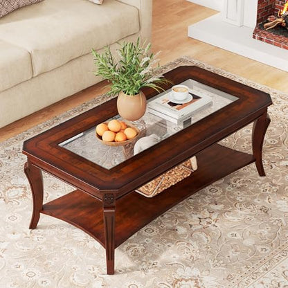 Traditional Wood Coffee Table with Glasstop, 47.2* 23.6* 17.9in | Rectangle Solid Wood Tea Table with Storage Shelf, 2-Tier Glass Center Tables in Cherry for Living Room, Large Cocktail Table