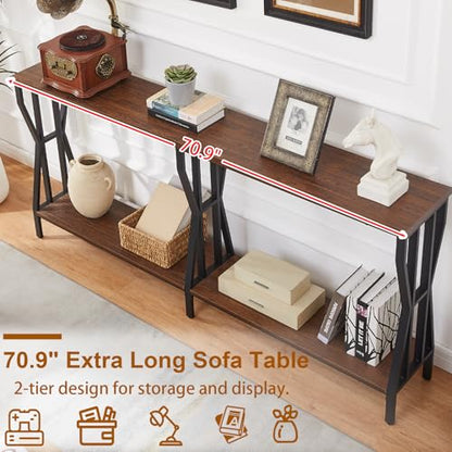 Sofa Console Table, 70.9" Extra Long Sofa Table with 2-Tier Storage, Industrial Narrow Console Tables Behind Couch, Hallway Table for Entryway, Living Room, Rustic Brown