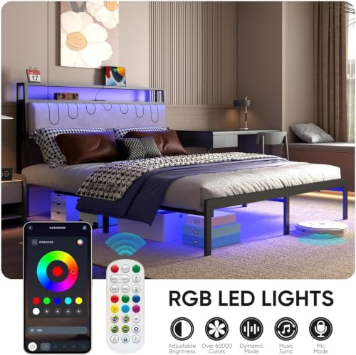 Full Bed Frames with Charging Station and LED Lights, view 5