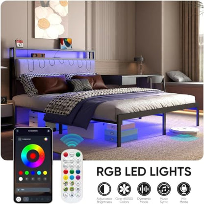 Full Bed Frames with Charging Station and LED Lights, view 5