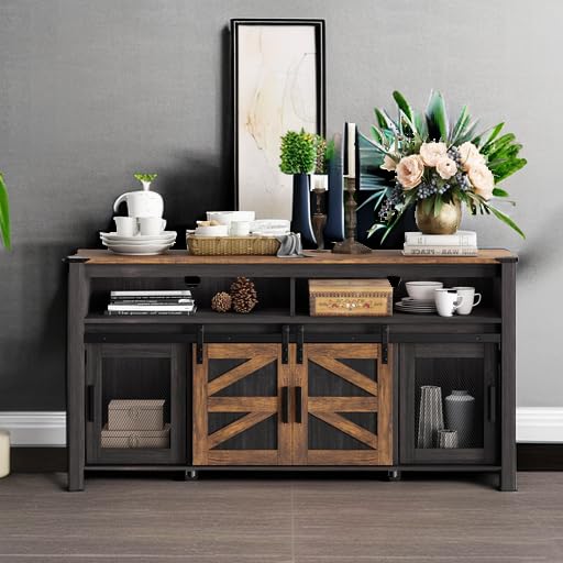 Farmhouse Buffet Cabinet, Rustic Sideboard with Sliding Barn Doors, 59" Coffee Bar Storage Cabinet with Mesh Doors, Cupboard Table for Kitchen, Dining Room, Living Room，Antique Black & Brown