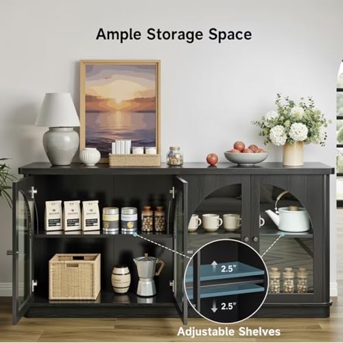 63 Inch Sideboard Buffet Cabinet with Glass Doors and 4 Doors Black, view 5