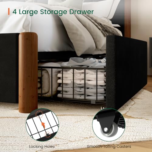 King Size Bed Frame and Headboard & 4 Drawers,Solid Wood Bed Frame, view 7