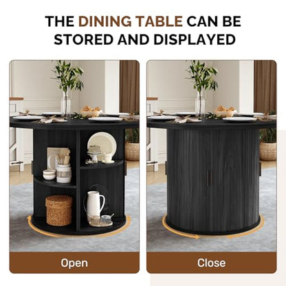 Miereirl Modern 5-Piece Dining Set for 4，47.24" Round Wooden Table with Semi-Open Storage Rack & Siding Door, Paired wth High-End Fabric Chairs -Warm Home Dining Room Combination