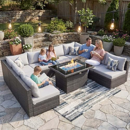 29.3'' High Back Outdoor Patio Furniture Set with Firepit Natural Gas & Propane, 9 Piece Extra Large Conversation Set with Fire Pit Table, Modern Deep Wide Modular Wicker Sofa Couches, Gray