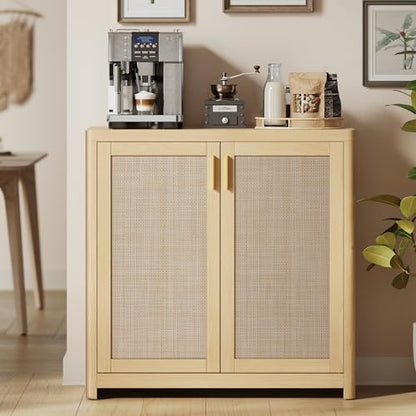 VASAGLE ELLAN Collection - Boho Buffet Cabinet with Rattan-Look Doors, Sideboard Storage Cabinet, Rounded Corners, Adjustable Shelf, for Kitchen, Oak Beige UBBK345YC01