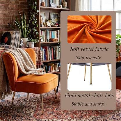 Velvet Accent Chairs Set of 2 for Comfy Living Room Armless Slipper Chair Mid Century Side Chair Single Sofa with Golden Legs Wingback for Bedroom Guest Room, Orange