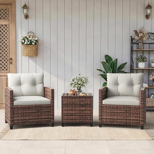 Outdoor Wicker Chairs,3 Pieces Patio Furniture Set,All Weather High Back Rattan Chairs w/Washable Cushion and Tempered Glass Tabletop for Deck Porch Balcony Backyard Garden,Brown & Beige