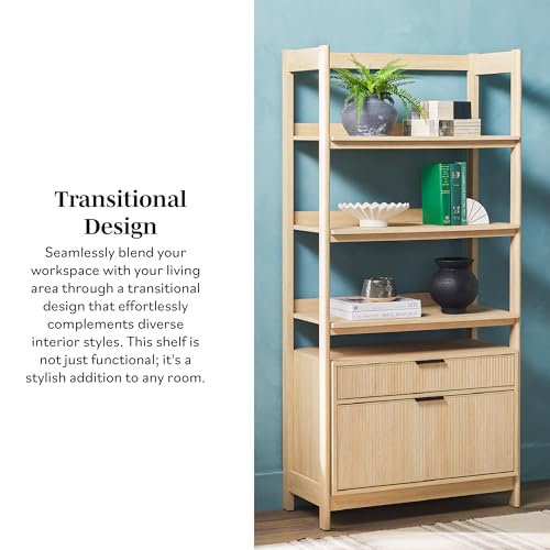 Transitional Open Reeded 4-Shelf Bookshelf with Drawers on Bottom, Versatile Bookcase with Bottom Storage for Home Office, Living Room, Bedroom, 33”W x 16.75”D x 70”H, Coastal Oak