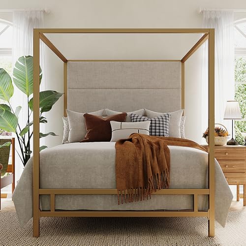 Queen Size Gold Metal Canopy Bed Frame, view 4