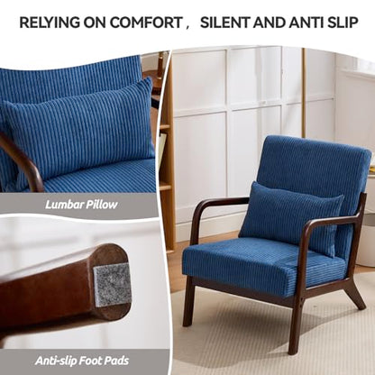 Mid Century Modern Corduroy Accent Chair, Living Room Chairs with Lumbar Pillow Boho Arm Chiar Reading Chair with Solid Wood Frame for Living Room Bedroom