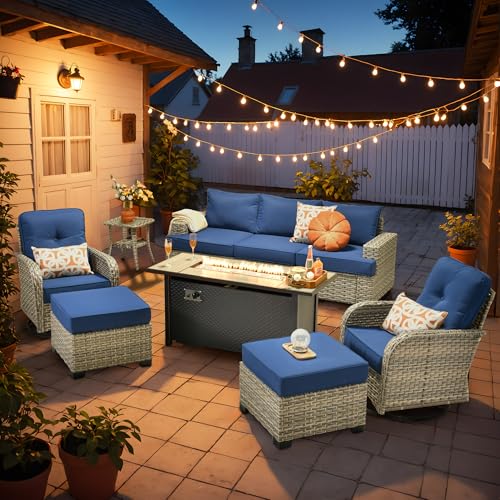Outdoor Sectional Patio Furniture Set with Fire Pit Table,9 Pieces Wicker Conversation Sets,Extra Deep Out Door Sofa Outside Furniture Couch Swivel Chairs Ottoman,Navy Blue