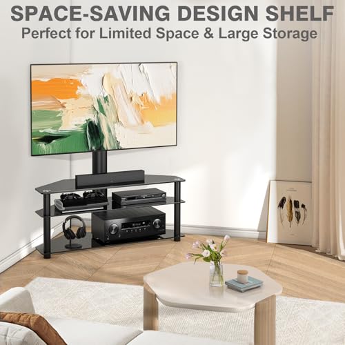 TAVR Swivel Floor TV Stand with Table for 32-70 Inch TVs | Universal Height Adjustable Glass TV Stand with Large Storage Shelves, Strong Corner TV Stand Mount Holds up to 88lbs, Black