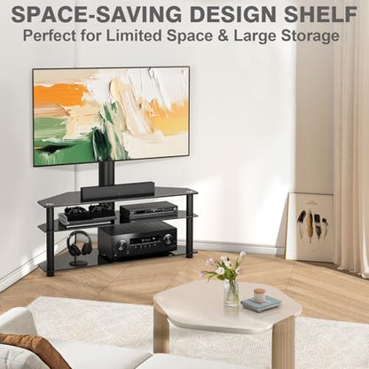 TAVR Swivel Floor TV Stand with Table for 32-70 Inch TVs | Universal Height Adjustable Glass TV Stand with Large Storage Shelves, Strong Corner TV Stand Mount Holds up to 88lbs, Black