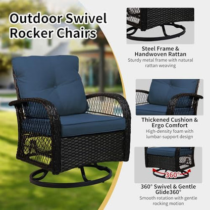 YLGJ&TIDY Outdoor Patio Furniture 3PCS Set Wicker Swivel Rocking Armchairs Set of 2 Rattan Coffee Table Cushions Patio Swivel Glider Chairs Set for Backyard Balcony Garden (Blue, Wicker 1)