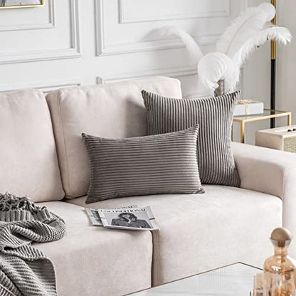 Decorative Throw Pillow Covers 18x18 Inch for Living Room Couch Bed Sofa, Soft Striped Corduroy Square Pillow Covers, Set of 2, 18 x 18, Ash Grey