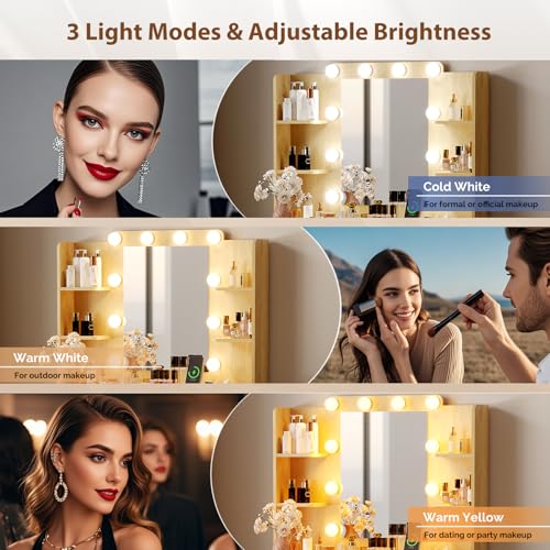 Fluted Makeup Vanity Desk with Mirror & Lights & Power Outlet, view 6