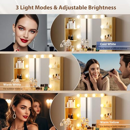 Fluted Makeup Vanity Desk with Mirror & Lights & Power Outlet, view 6