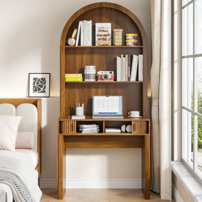 75'' Tall Arched Computer Desk with Hutch & Fluted Sliding Door for Office, view 4