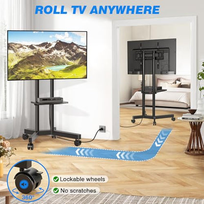 Mobile TV Cart Rolling TV Stand with Power Outlet for 32-75 Inch Screens, Portable TV Stand on Wheels with Height Adjustment, Outdoor TV Mount Stand with Shelf Holds up to 88lbs for Home Office