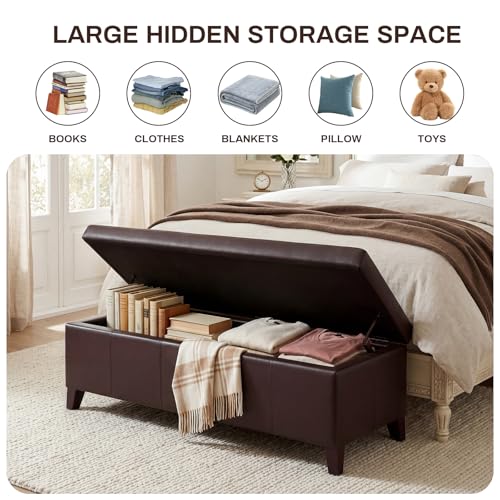 51" Coffee Brown Faux Leather Storage Ottoman | Foot Rest with Hinged Lid, Long Rectangle Bed Bench for Living Room, Bedroom, Entryway